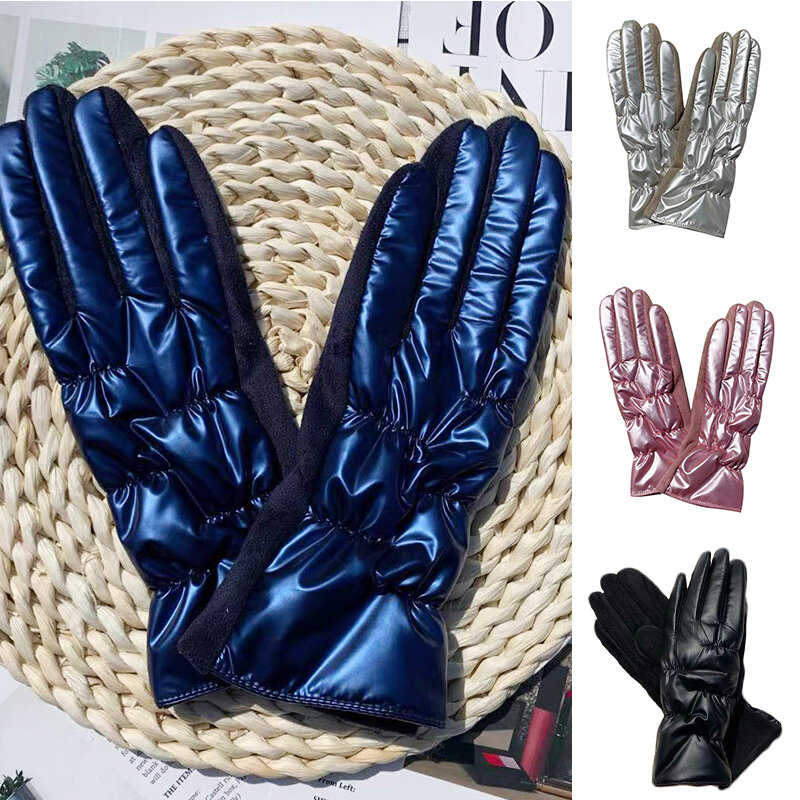 Winter Down Cloth Suede Gloves Thicken Full Finger Mittens Thermal Fleece Lined Non-slip Gloves Glossy Cycling Windproof Gloves