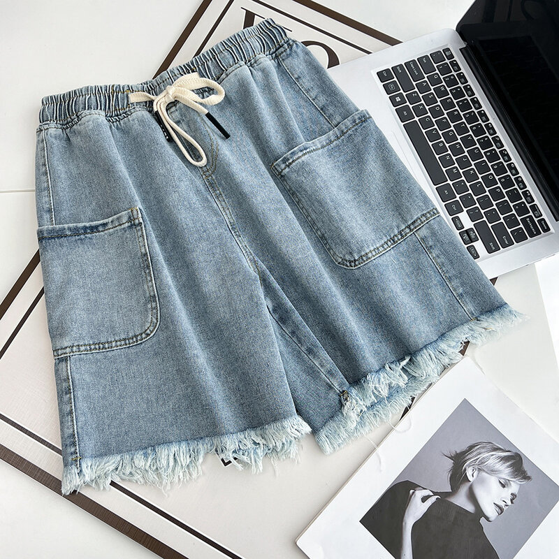 Женские джинсы до колена с эластичным поясом, летние свободные шорты с широкими штанинами и тонкими кисточками, новинка 2024