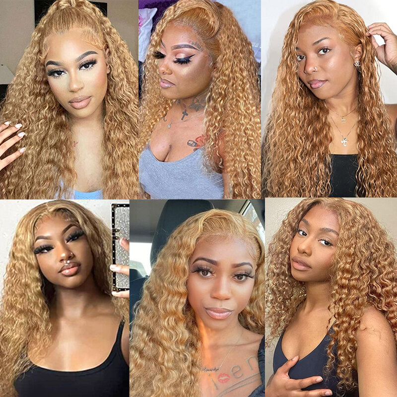 Honey Blonde Lace Front Wigs, Water Wave Human Hair Wigs, HD Transparent Highlight, Ombre Water Curly, Frmeds Wig, 99J