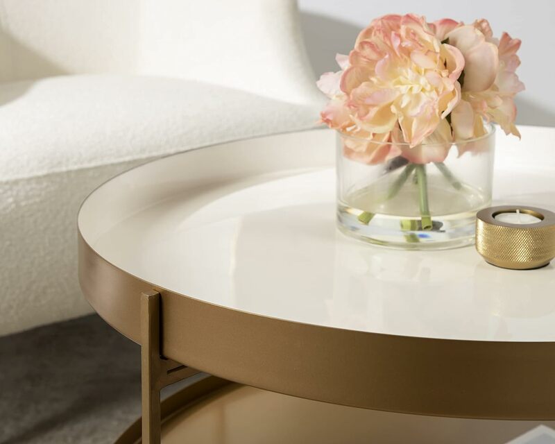 Nowoczesny okrągły dwupoziomowy stolik kawowy Kate i Laurel Nira, średnica 26 cali, biało-złoty, dekoracyjny stolik kawowy Glam