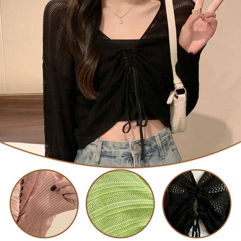 Spring Autumn New Solid Color Slim Cardigan Woman Sweet Green Cardigan Cardigan Black Knitted Pink Women Out Hollow White L J1i9