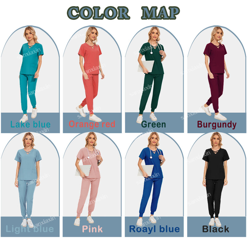 Bluzki do pielęgnacji i szorowania spodnie szybkoschnące mundury pielęgniarki jednolity kolor z dekoltem w szpic odzież do pracy elastyczność odzież robocza dla zwierząt domowych mundur medyczny
