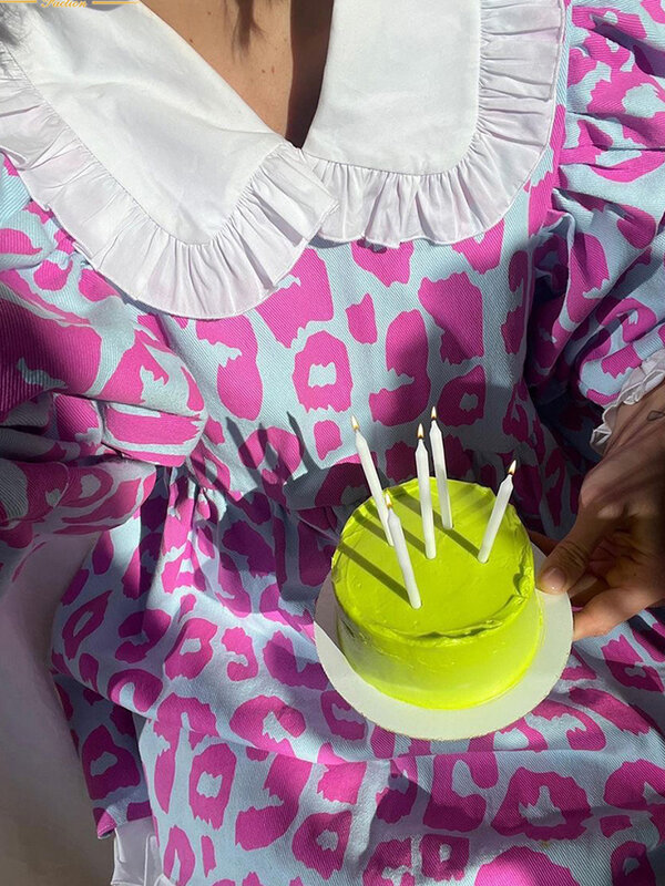 韓国-パフスリーブのドレス,婦人服,かわいいピンク,ヒョウ柄,長袖,ラインA,カジュアル,人形の襟,2022