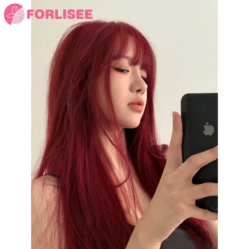 FORLISEE Synthetic Rose Wine Red Long Straight Hair With Bangs Wig Matte High-temperature Silk Breathable And Natural In Summer