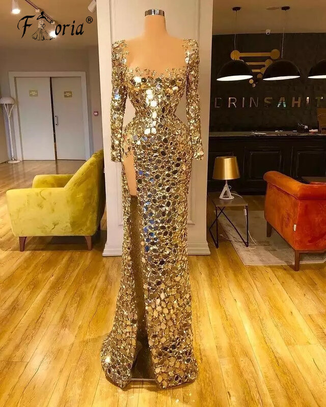 Vestidos De Noche Arabisch Gouden Kristallen Avondjurken 2023 Sparkly Dubai Lange Mouwen Prom Gown Celebrity Party Dress Gorgeous