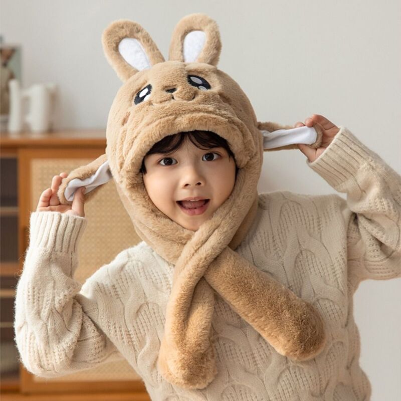 여아용 귀 움직이는 점프 모자, 따뜻한 봉제 토끼 모자, 귀여운 토끼 어린이 보닛, 야외 눈, 겨울 모자, 4-12 세