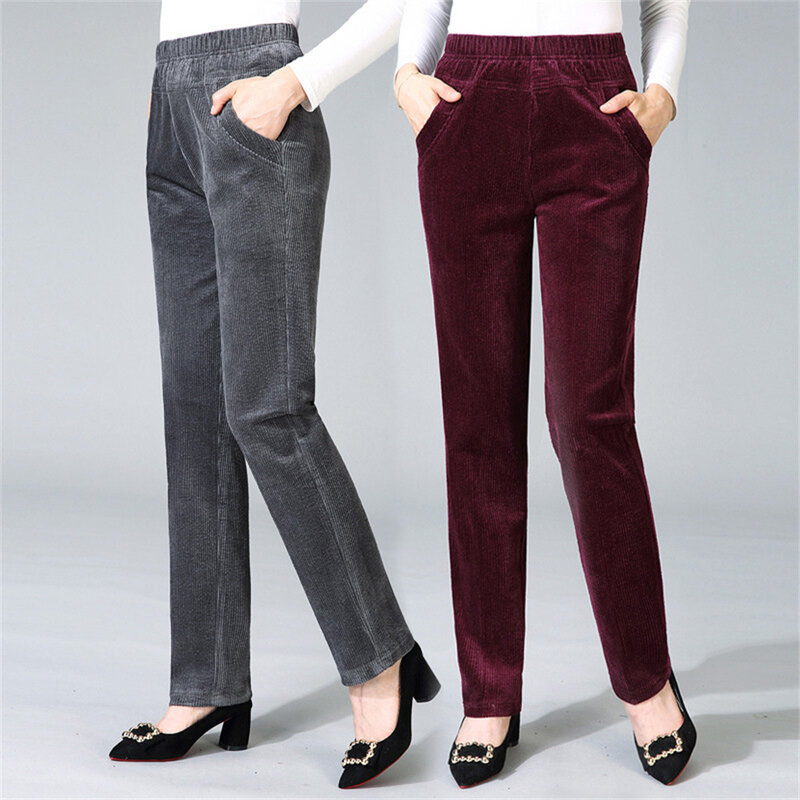 Women Winter Warm Pants Cashmere Trousers Vintage Slim Waist Add Velvet Ladies Pants Casual Thickening Corduroy Straight Pants