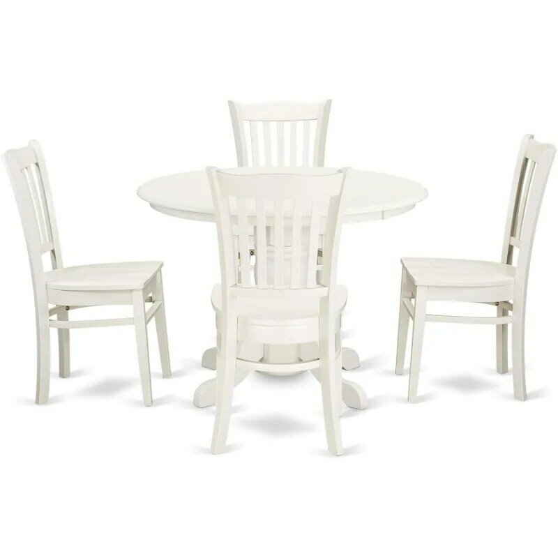 SHGR5-WHI-W mebli East West 5-częściowy stół kuchenny i zestaw mebli z krzesłami obejmuje okrągłą stół do pokoju jadalną z cokołem i 4 tak