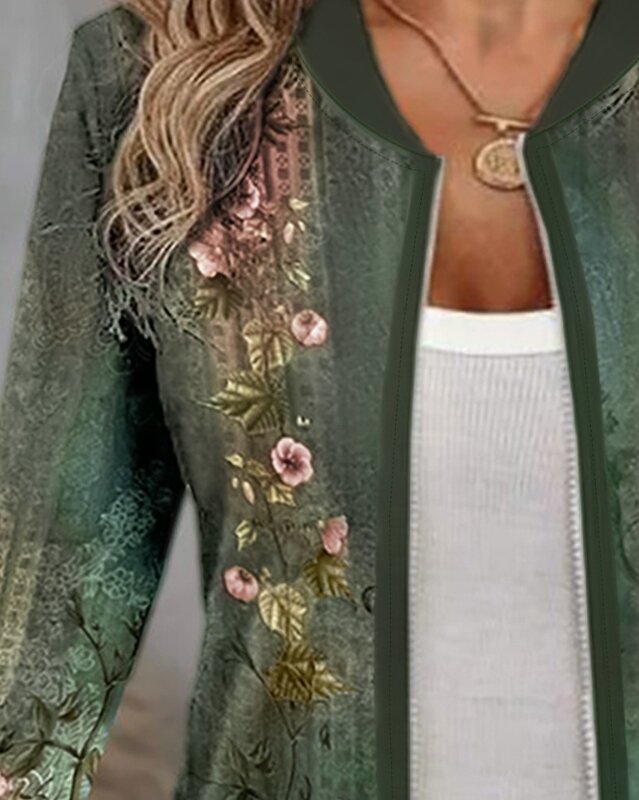 Casaco confortável estampado tribal floral para mulheres, top com zíper, estilo casual mais recente, gola de beisebol manga longa, casaco diário, 2024