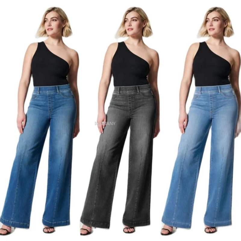 2024 Fashion Mid Waist Denim Wide Leg Pants Women's High Stretch Elastic Waist Jeans Washed Casual Female Trousers S-2XL