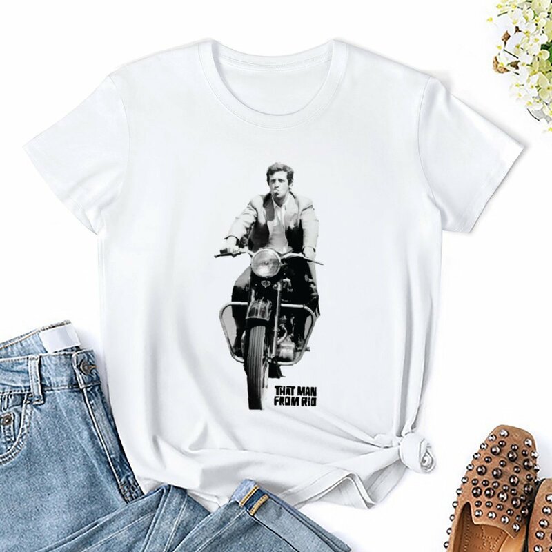 Jean Paul Belmondo camisetas gráficas para mulheres, tops plus size, roupas hippie, camisas de gato