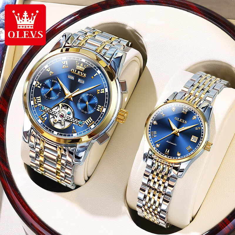 Oelvs automatische mechanische Paar Uhr Tourbillon wasserdicht Datum leuchtende Mode Zifferblatt sein oder ihr Liebhaber Uhren set reloj