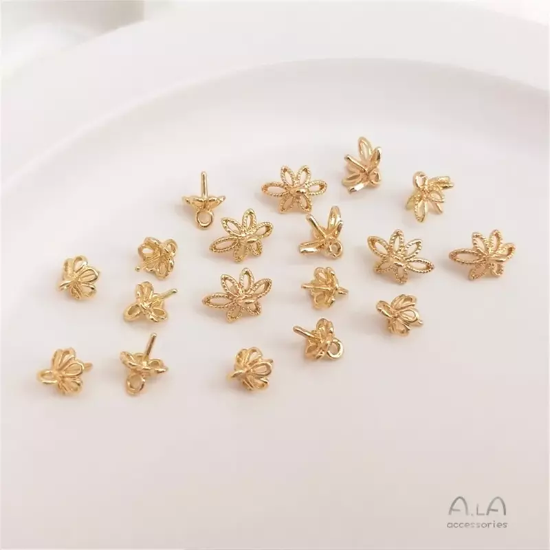 14K Gold-plated Flower Shaped Half Hole Bead Holder, Crystal Pearl Pendant, Hat, Flower Holder, Handmade DIY Headpiece Accessory