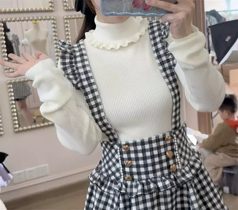 Lolita baju hangat warna polos, baju Sweater Dalaman wanita, Turtleneck telinga kayu lembut, baju Dalaman Jepang manis, atasan kerah Lapel