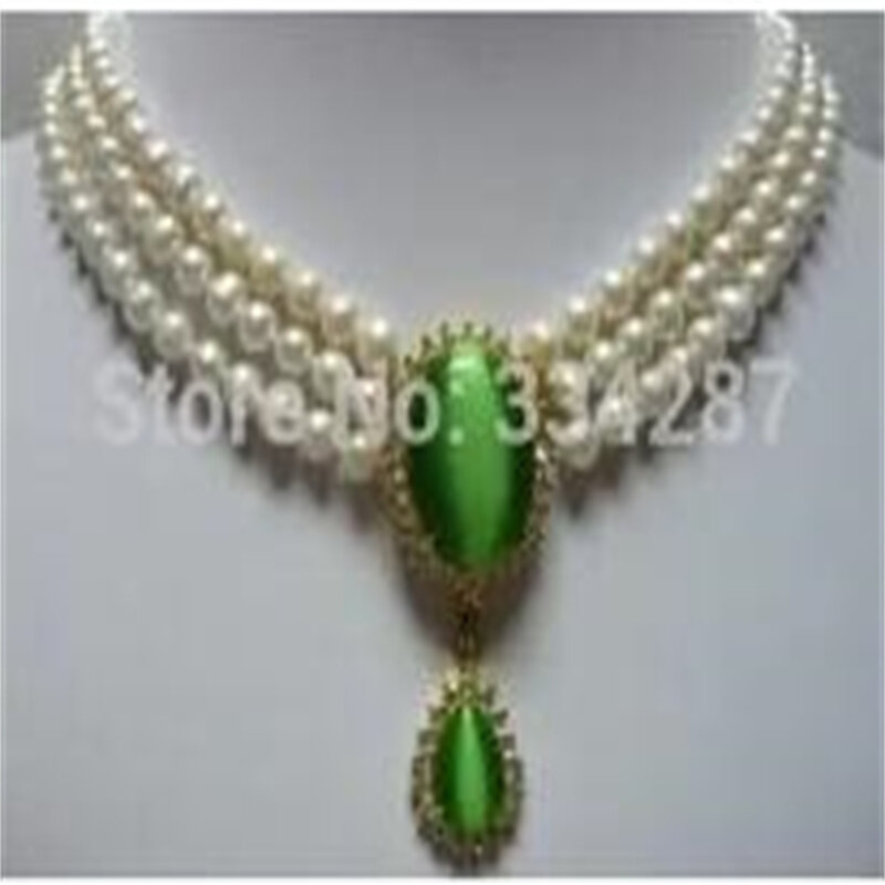Charm 3 Row 6-7mm White Pearl Sweet Water Opal Cat's Green Eye Pendant Wedding Bridal Jewelry Necklace