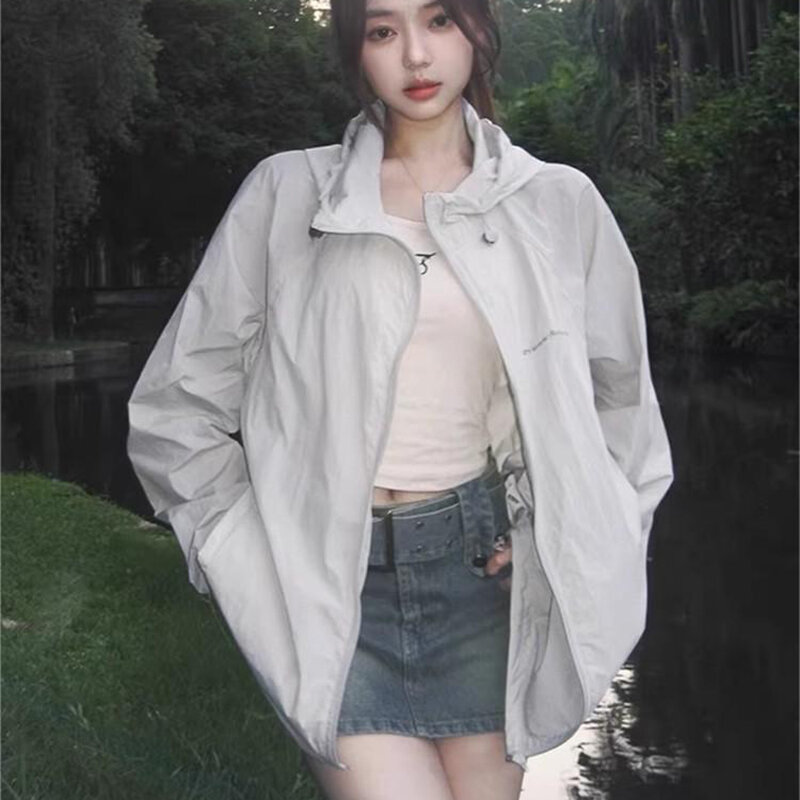 Gidyq Gray Loose Shirt Women Casual Sun Protection Hooded Long Sleeve Blouse Summer Thin Vacation Beach Style Top Ladies New