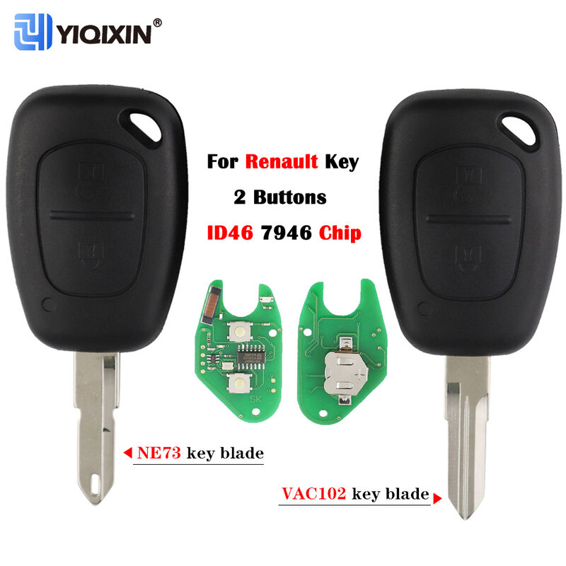 Yiqixin 2 botões chave remota do carro 433mhz id46 chip para renault mestre de tráfego vivaro movano kangoo transmister ne73 vac102 lâmina