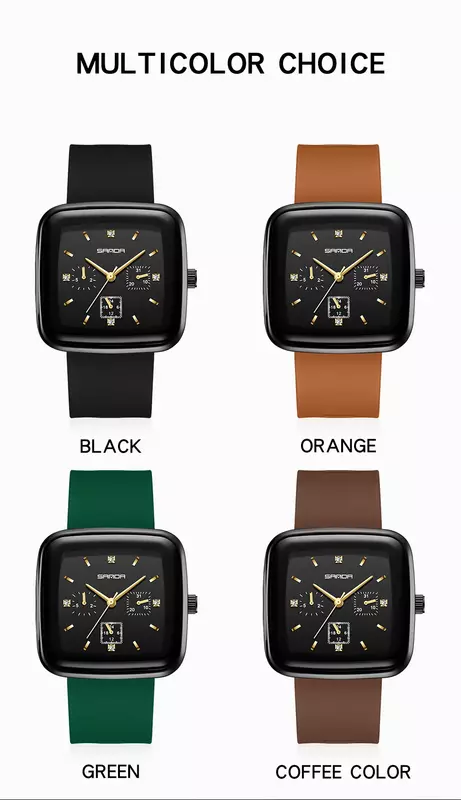 Новинка 1112, квадратные кварцевые модные силиконовые оригинальные индивидуальные часы Sanda с шестью иглами для мужчин и женщин