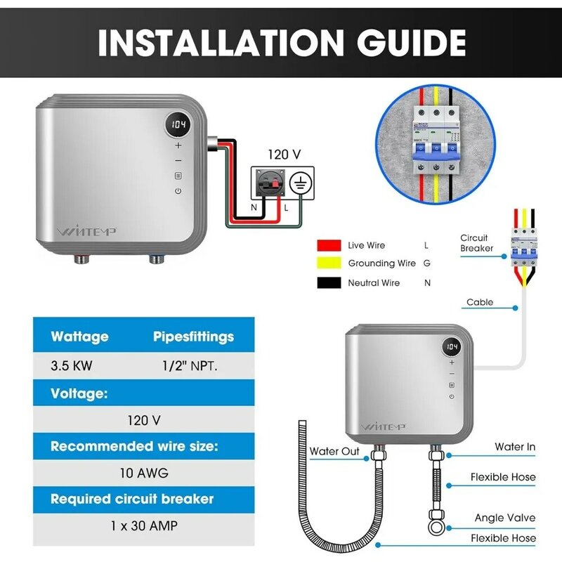 Tankless Water Heater Electric 3.5KW 120V, Designed to Provide Hot Water on Demand Without the Need for a Storage Tank, Use a