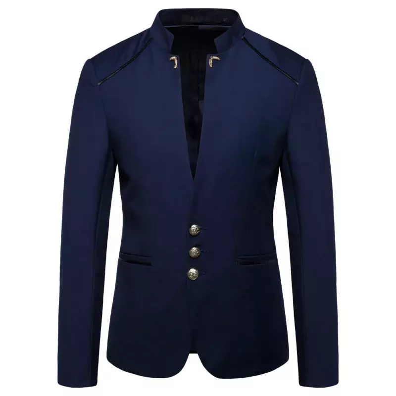 2023 Spring New Men's Fashion Button Decorative Blazer Coat Chinese Style Slim Fit Stand Collar Solid Color Suit Jacket