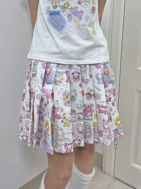 Уличная Женская юбка HOUZHOU Y2k в стиле Харадзюку, японская мода, Милая плиссированная юбка с мультяшным принтом, мягкая Летняя женская юбка 2024