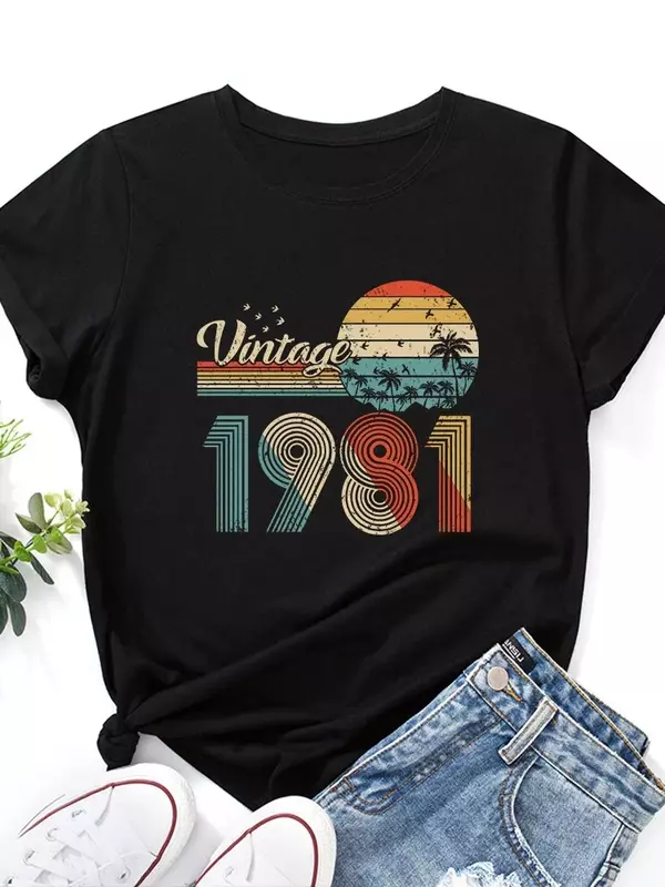 Camiseta estampada Vintage 1981 feminino, mangas curtas, tops de algodão, gola O, camiseta feminina solta, roupas de streetwear