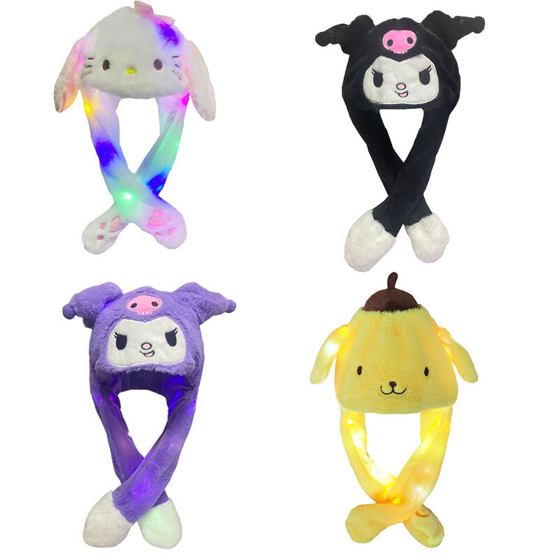 Sanrio Plush Ear Move Hat, Luz Brilhante, Kuromi Cinnamoroll Kitty, Anime Cartoon, Jumping Up Ear Cap, Novidade Presente para Crianças