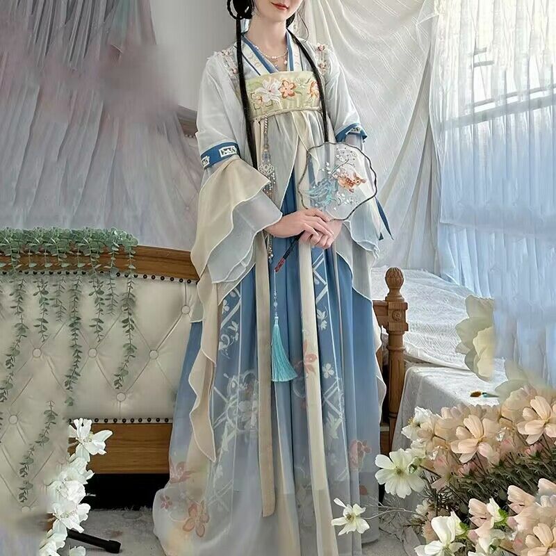 Saia floral estampada para mulheres, vestidos de fadas melhorados, hanfu tradicional chinês, elegante vestido de festa, dinastia Tang