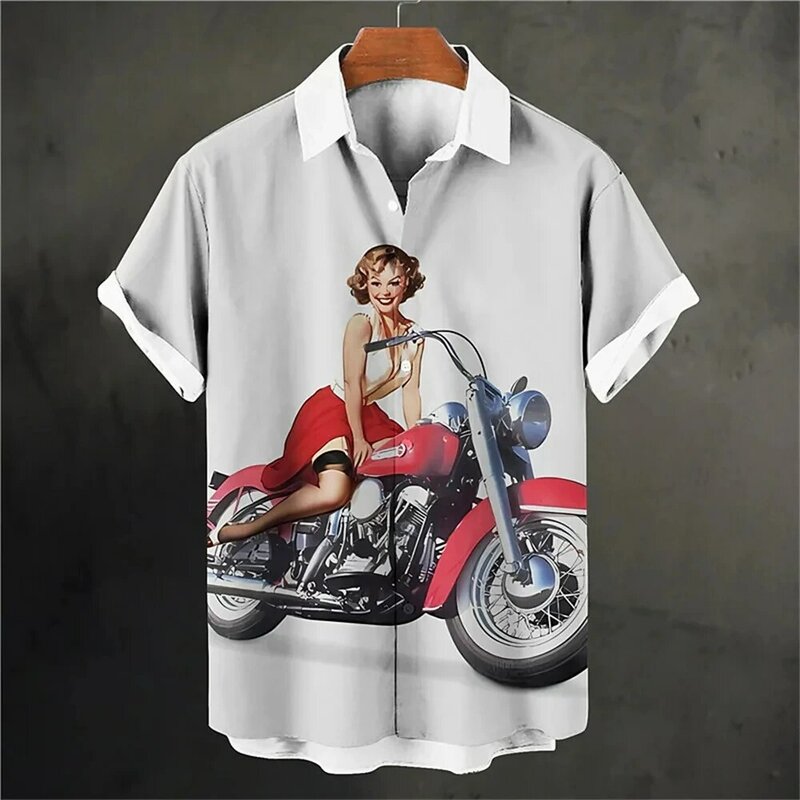 Retro Men's Shirt Sexy Women&Motorcycle 3D Digital Printed Pattern Hawaiian Shirt Men's Street Short Sleeve Top Loose Men's