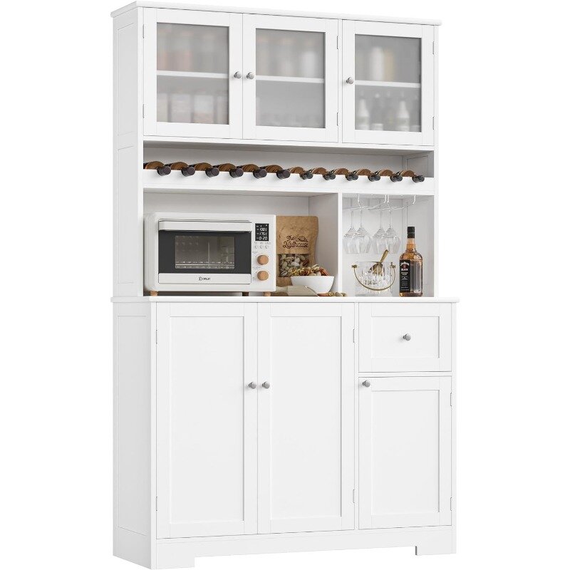 71" Kitchen Pantry Cabinet, Tall Kitchen Hutch with Microwave Stand, Pantry Storage Cabinet with Wine Rack, Glass Holder