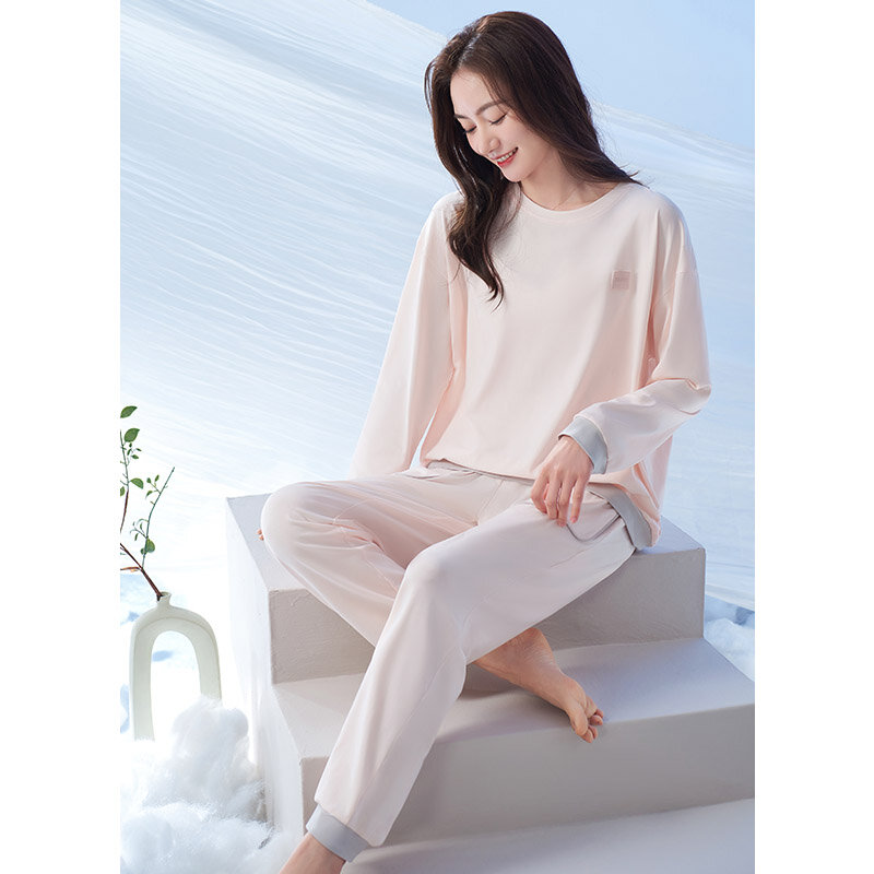 New Autumn O-Neck Female Pajamas Long Sleeve Pyjamas Korean 2 Pcs Simple Solid Color Pijamas Mujer Cotton Sleepwear Home Clothes