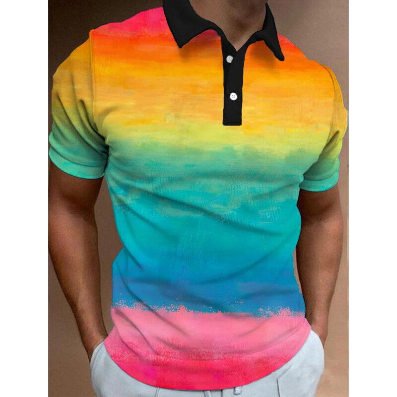 3D-Farbe Regenbogen Streifen Druck Polo T-Shirt für Männer Mode Revers Kurzarm hemden übergroße lässige Golf Bluse Knöpfe Tops
