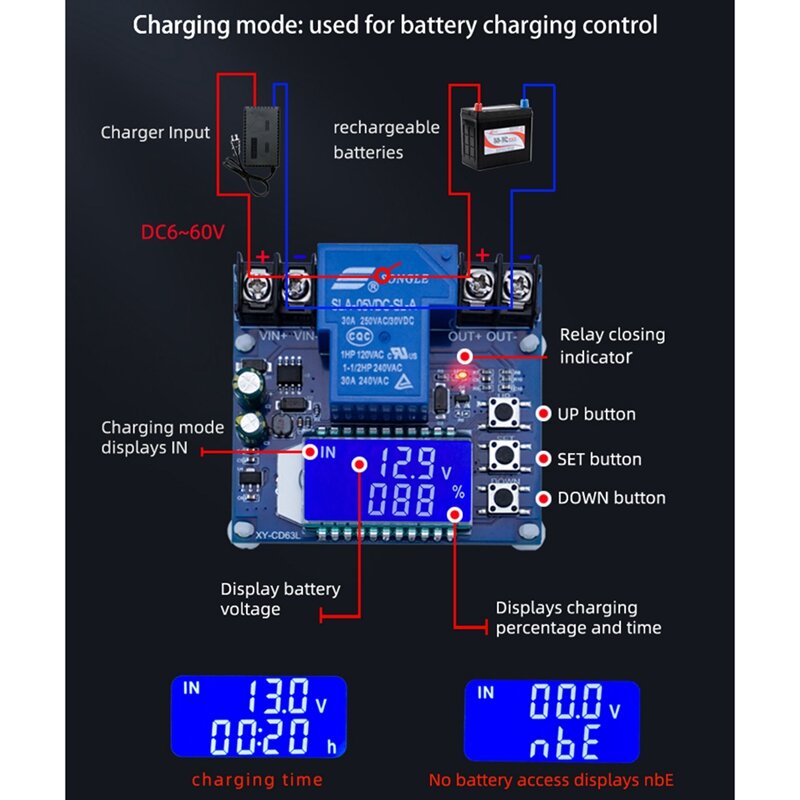 DC6-60V 30A Storage Battery Charging Control Module Protection Board Charger Time Switch LCD Display XY-CD63L
