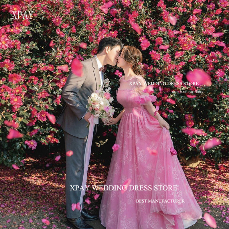 XPAY księżniczka różowa koronka linię suknie wieczorowe na bal Korea sesja ślubna z dekoltem z krótkim rękawem ogrodowa suknia ślubna