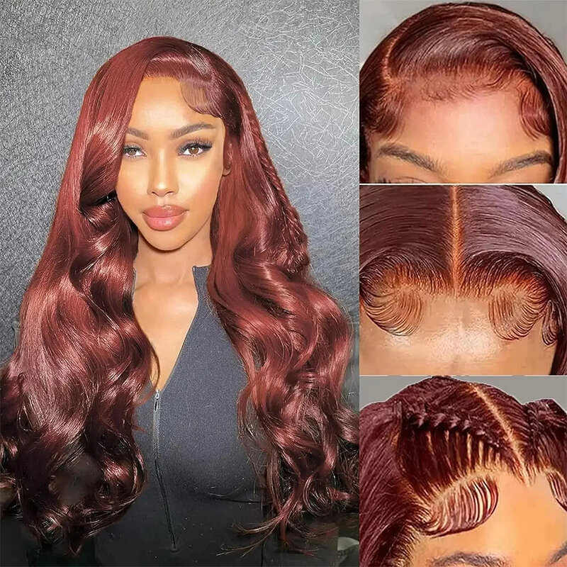 Perruque Lace Front Wig Body Wave Brésilienne Naturelle, Cheveux Humains, Rougeâtre, Brun Foncé, 13x6, HD, pour Femme