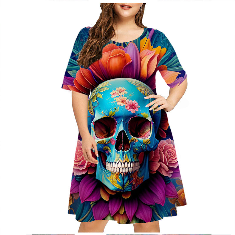 3D 해골 프린트 드레스 캐주얼 반팔 할로윈 여성 스트리트 드레스, 여름 패션 힙합 드레스 디자인, 플러스 사이즈 의류