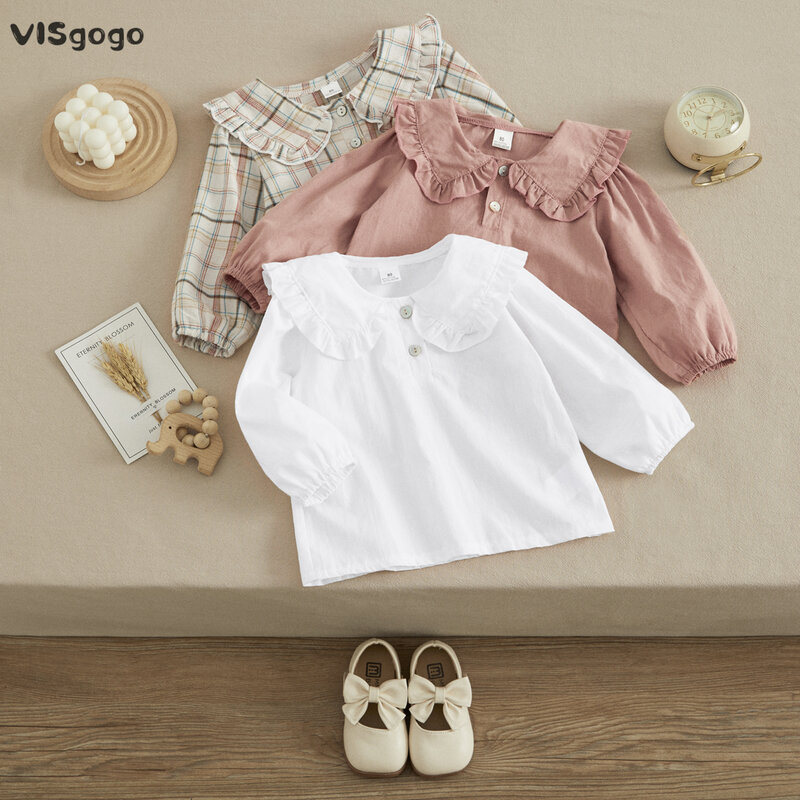 VISgogo maluch dzieci dziewczyny słodkie bluzki Plaid/Solid Color kołnierzyk dla lalek koszule z długim rękawem wiosna jesień moda Casual topy