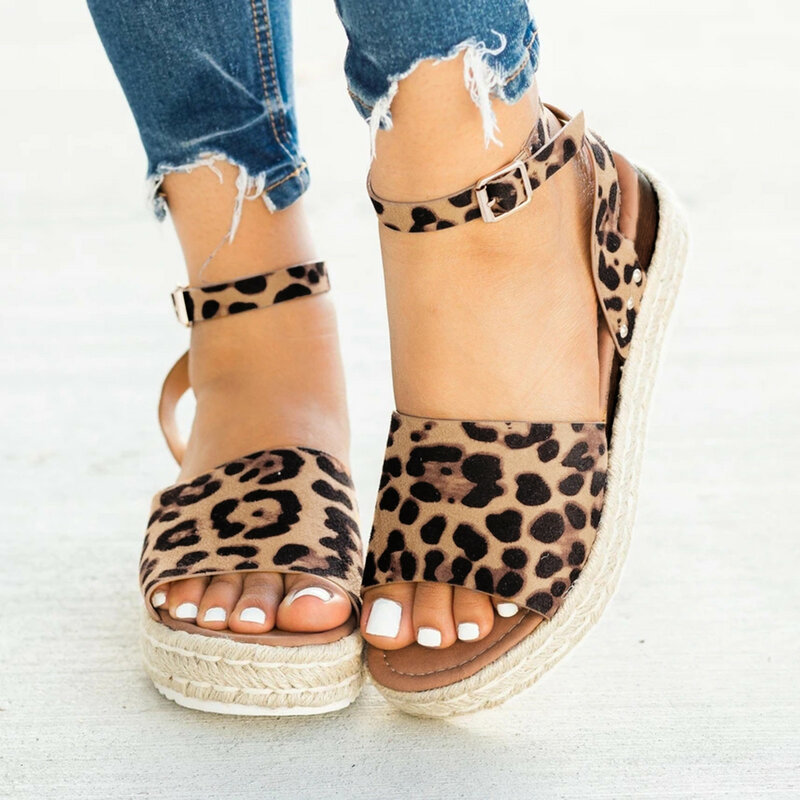 Women's Shoes 2024 New Fashion Plus Size Hemp Rope Wedge Heel Platform Open Toe Sandals Leopard Print Casual Women Sandals