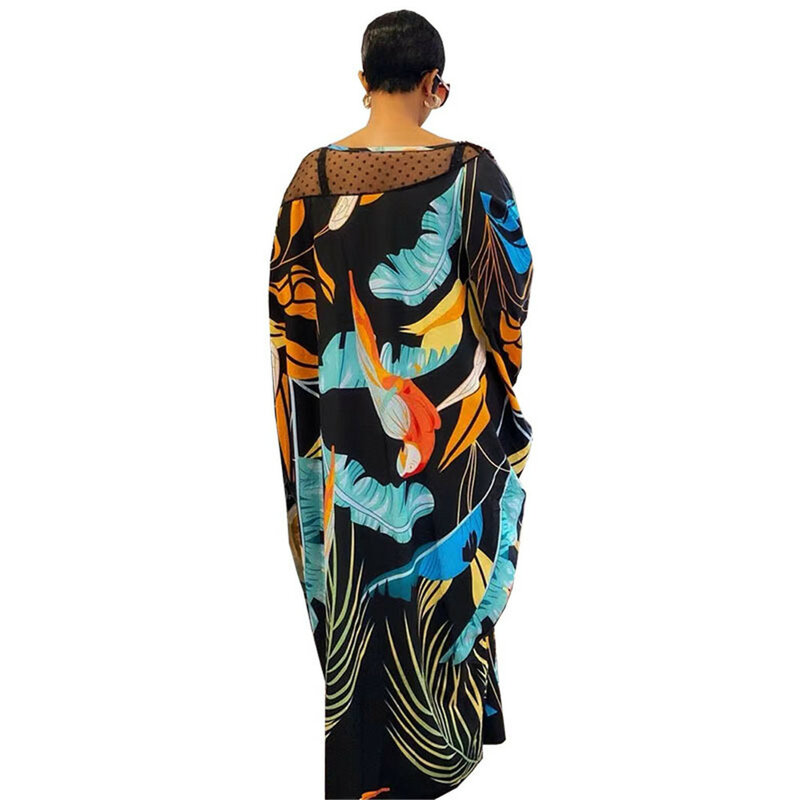 Cyfrowa drukowana siateczkowa suknia z rękawami nietoperzowymi, ozdobiona koralikami, luźna suknia z okrągłym dekoltem, damska sukienka w dużych rozmiarach 2551