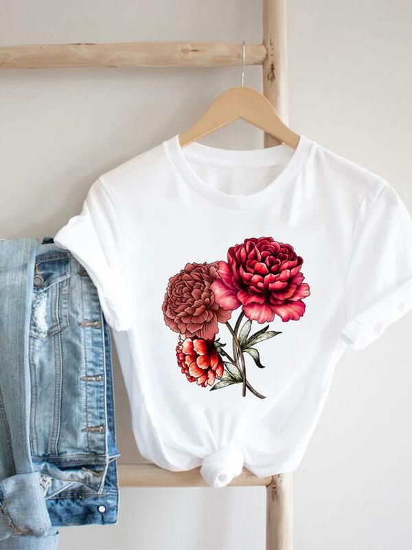 Camiseta con estampado de corazón de amor y flores para mujer, Top de manga corta informal, tendencia de los años 90, ropa para mujer