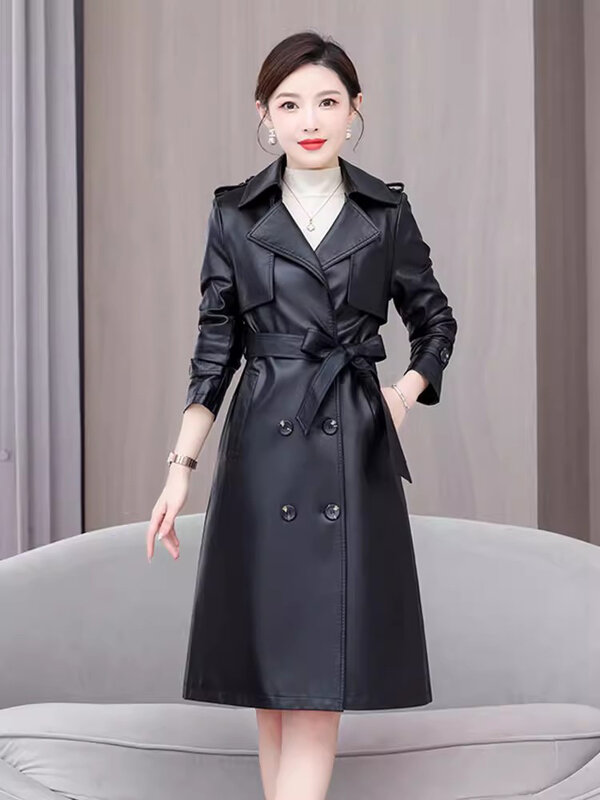 New Women Spring Autumn Casual Leather Coat Fashion Turn-down Collar Double Breasted Slim Sheepskin Trench Coat Split Leather