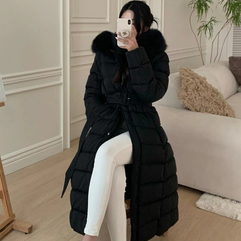 女性のためのエレガントなキツネの毛皮の襟コート、厚い暖かいコート、女性の白いダックダウンジャケット、ladi' の長いオーバーコート、単色、q792、冬、2022