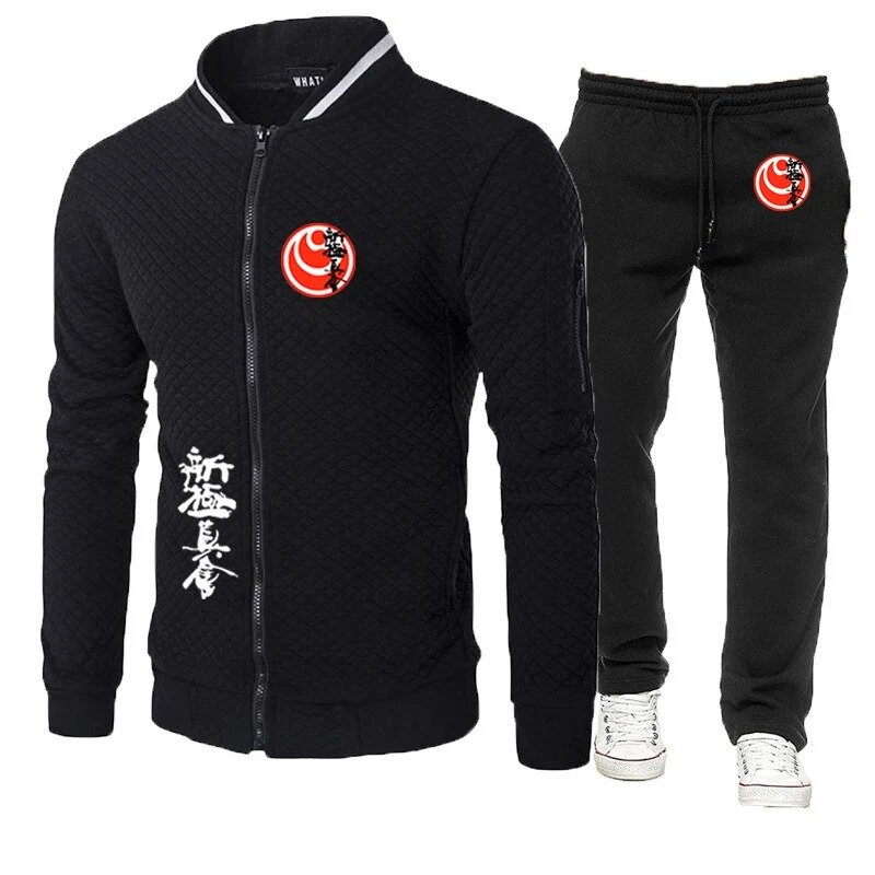 Jingpin pakaian olahraga pria, setelan dua potong ramping leher bulat + celana panjang ritsleting Musim Semi dan Gugur karate