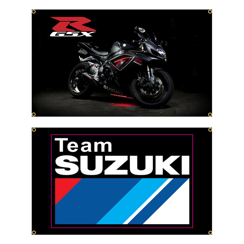 Bannière imprimée en polyester Team Suzukis GSX R pour la décoration intérieure ou extérieure, sensation de course de moto, bannière automatique, 90x150cm