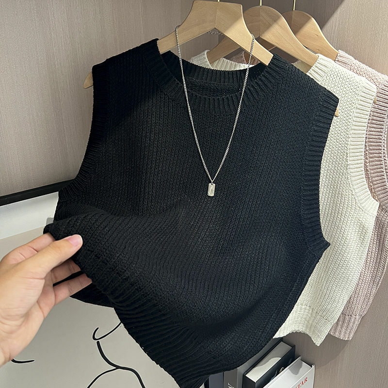 2024 Summer Slim Knit Thin Vest Women Off Shoulder Tops Comfortable and Breathable Ice Silk Round Neck Sleeveless Top,