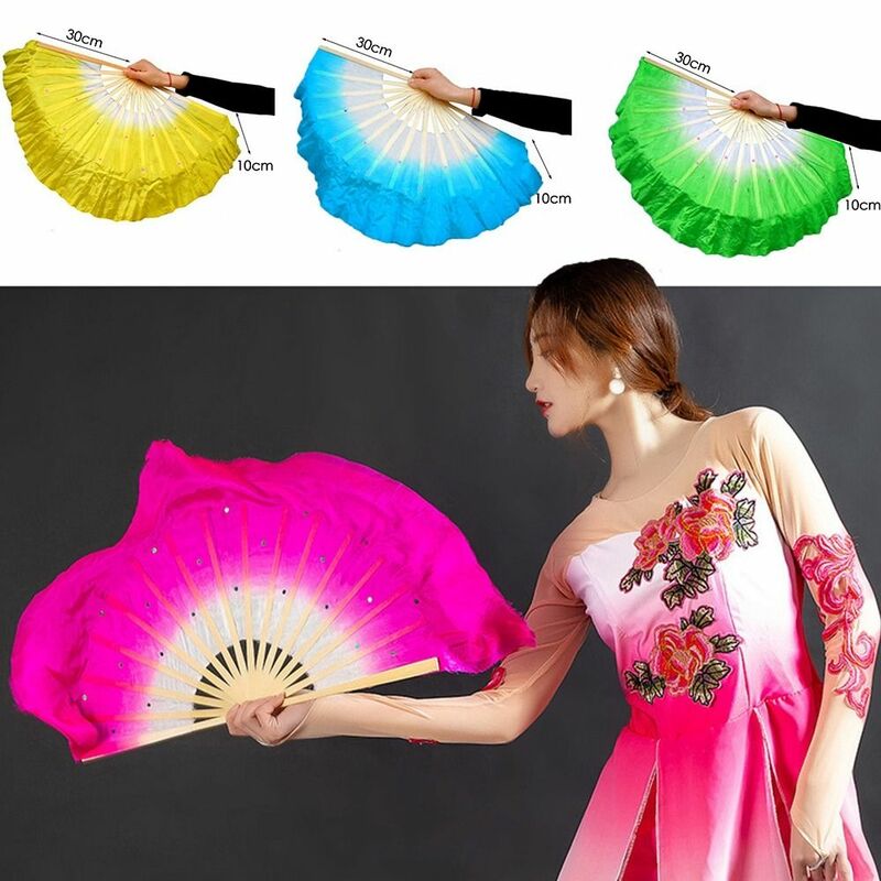 중국 짧은 벨리댄스 선풍기, 대나무 30cm + 10cm 하프 서클 실크 베일 쌍, 양코 댄스 대나무 팬, 손으로 염색 성인 인기 판매