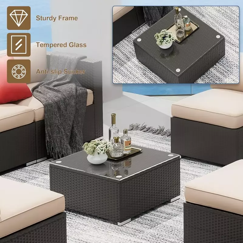 Outdoor Sectional Sofa Couch, PE Rattan Wicker Modular Patio Furniture Conversation Set & Washable Cushions & Glass Coffee Table