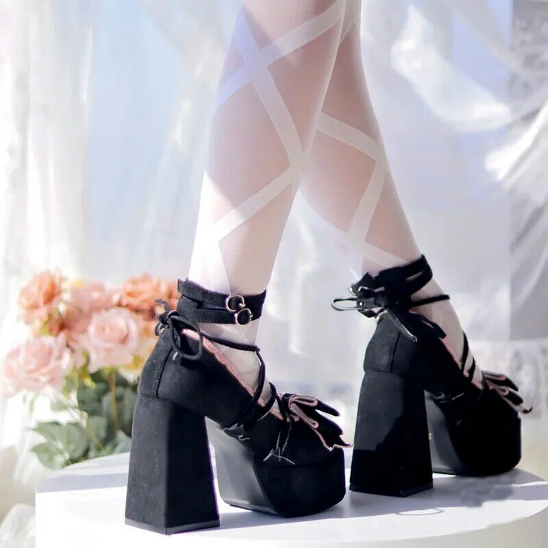 Sepatu pump Lolita Mary Jane Platform hak tinggi Chunky sepatu simpul pita modis wanita sepatu Harajuku lucu manis untuk wanita
