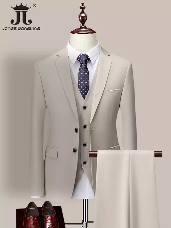 남성용 비즈니스 정장 쓰리피스, 신랑 웨딩 드레스 단색 정장, 재킷 조끼 바지, 14 색 M-6XL, 고급 브랜드