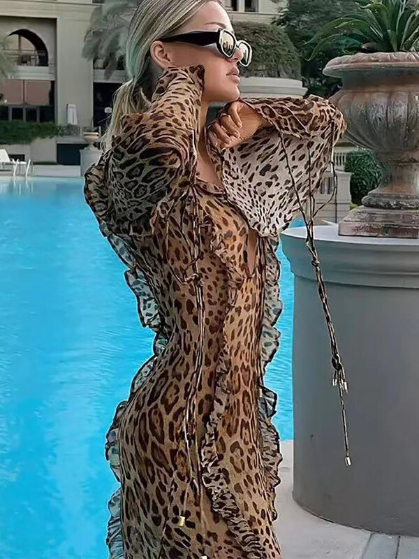 Robe longue à lacets à imprimé léopard pour femmes, col en V, bord à volants, fendue, mince, manches longues, salle de bain, salle de bain, salle de bain, salle de bain, salle de bain, salle de bain, streetwear, sexy, élégant